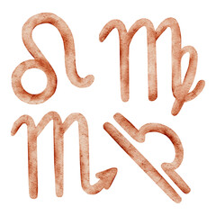 Watercolor zodiac signs: Leo, Virgo, Scorpio, Libra. Set of astrological horoscope symbols. For printing, packaging, postcards, poster, decoration.