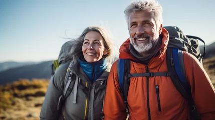 Poster Dynamic senior caucasian couple climbing in mountains with rucksacks, getting a charge out of their experience © Akbar