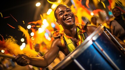 Drums being played within the boulevards of the city of amid a samba execution at the Brazilian road carnival - obrazy, fototapety, plakaty