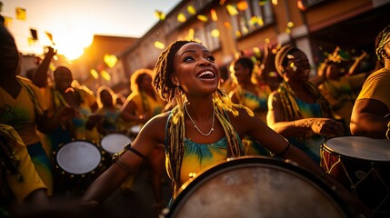 Drums being played within the boulevards of the city of amid a samba execution at the Brazilian road carnival - obrazy, fototapety, plakaty