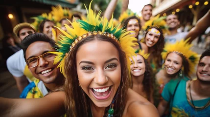 Photo sur Plexiglas Brésil Companions in outfits have fun at carnival party within the road. Brazil occasion fun selfie with gather of individuals together