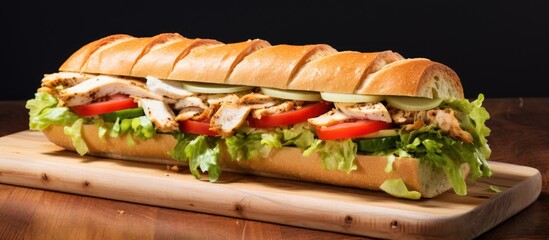 A sub roll with a filling of chicken and salad placed on a wooden background - obrazy, fototapety, plakaty