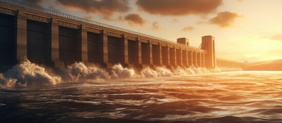 At sunset observe the exposed dam flood gates in the backdrop