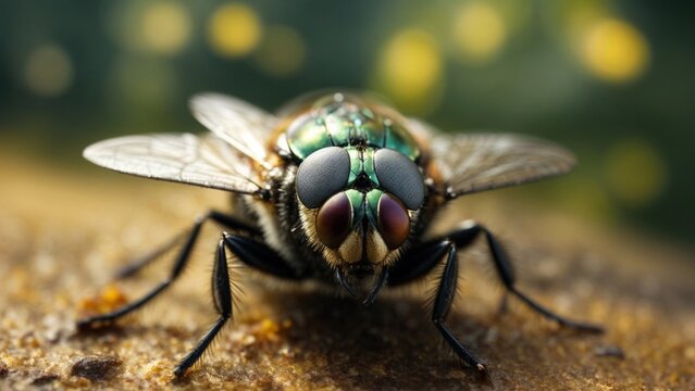 Close-up high-resolution image of a fly in the garden. Generative AI.