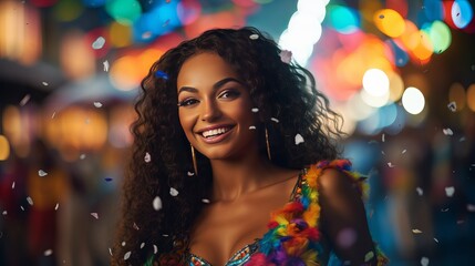 Lovely Brazilian lady wearing colorful Carnival outfit and hail amid Carnaval road parade in city