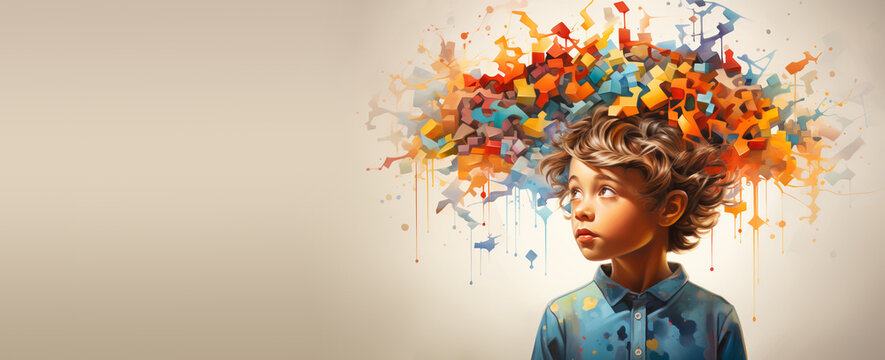 ADHD, attention deficit hyperactivity disorder, autism, mental health, head of a child with colorful jigsaw or puzzle pieces