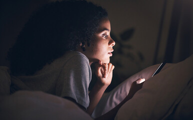 Woman, cellphone and bed in night, reading or texting for chat, blog or social media post in...
