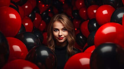 Halfway see of lady holding bunch of dark inflatables disconnected on dark, Black Friday concept