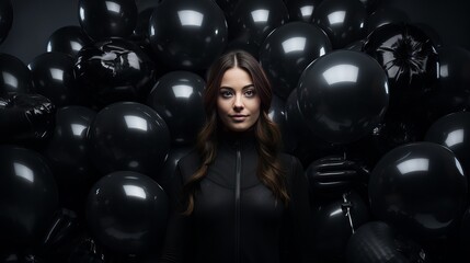 Halfway see of lady holding bunch of dark inflatables disconnected on dark, Black Friday concept