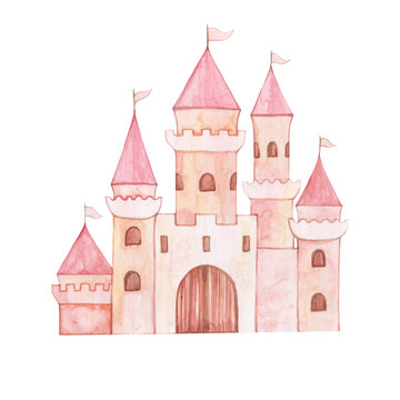 Watercolor illustration of a pink magical princess castle. Hand drawn. For little girls.