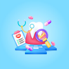 Gums tooth health care with doctor. Pills, Document form board and stethoscope with check mark in magnifying glass looking diagnosis floating on cross medical symbols. 3d cartoon icon organ vector.