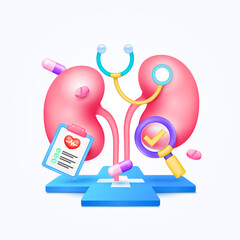 Kidney health care with doctor. Document form board and stethoscope, pills with check mark in magnifying glass looking diagnosis floating on cross medical symbols. 3d cartoon icon organ vector.