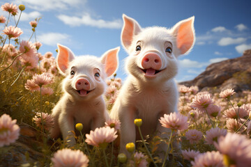 Pigs on the meadow in the mountains, funny pink piglet with flowers, animals on the farm - obrazy, fototapety, plakaty