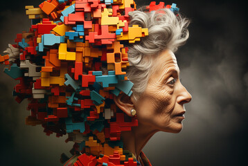 Parkinson´s disease, Alzheimer awareness day, dementia diagnosis, memory loss disorder, brain with puzzle pieces, old woman - Powered by Adobe