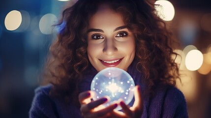 Representation of pleasant appealing lovely cool chic shocking cute dazzling wavy-haired young lady holding in hand discuss balls wow separated on shinning distinctive sparkle dynamic - obrazy, fototapety, plakaty