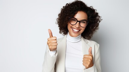 Representation of chuckling lady in shades holding paper pack and indicating thumb aside confined over white foundation - obrazy, fototapety, plakaty