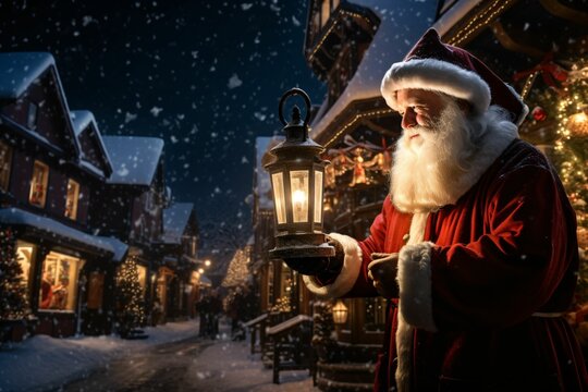 Santa Claus in a snowy European village, lantern in hand, delivering presents under a starry sky