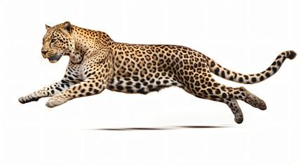 Side view of a spotted leopard leaping panther pared - obrazy, fototapety, plakaty