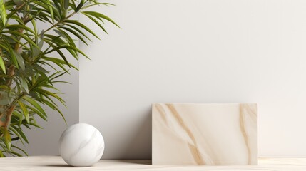 Minimalist cosmetics mockup featuring a white marble geometric background designed to showcase stone and wood and grass. 