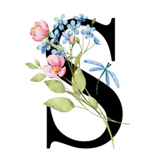 Letter S with watercolor flowers and leaf. Floral alphabet, wedding monogram, initials perfectly for invitations, greeting card, logo, poster and other design. Hand drawing.