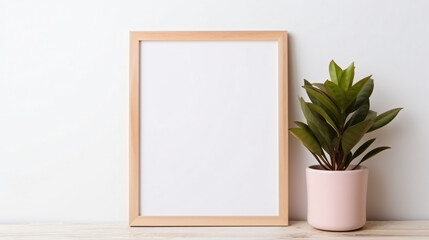 Mock-up wood square frame with pink houseplants.