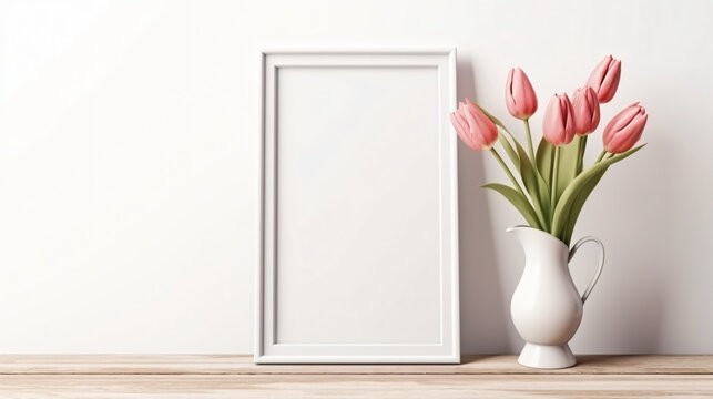 Mock-up wood square frame with pink houseplants.