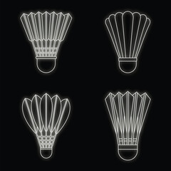 Shuttlecock equipment icon set. Outline set of shuttlecock equipment vector icons neon color on black