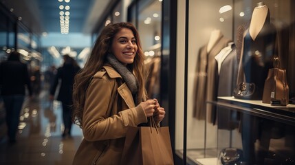 White lady chuckling whereas posturing with shopping packs separated over ruddy foundation - obrazy, fototapety, plakaty