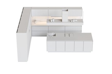 modern kitchen isolated on white background, home furniture, 3D illustration, cg render
