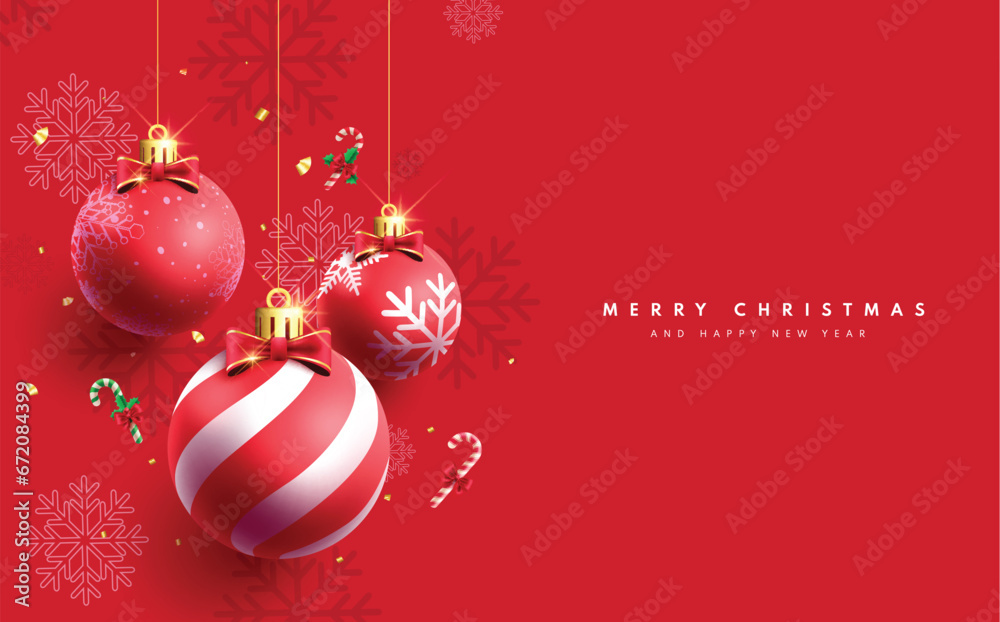 Wall mural christmas red balls vector design. merry christmas greeting card with hanging red xmas balls and sno