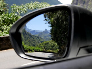 Epic roadtrip in Cilaos circus, view  of mountains in the wing mirror - obrazy, fototapety, plakaty