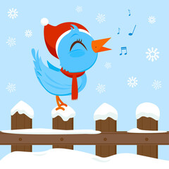 Bird with Christmas hat sitting on a fence and singing. Vector illustration
