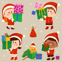 Children with Santa Claus hats holding Christmas presents. Vector illustration