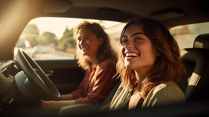 Three female companions on a street trip driving together in an open car, near up