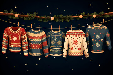 Illustration of Christmas sweaters on a dark background - obrazy, fototapety, plakaty