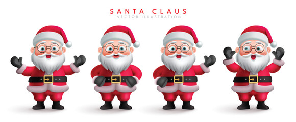 Christmas santa claus characters vector set. Christmas santa claus character in standing, waving, cute and smiling mascot cartoon collection. Vector illustration santa claus character collection. 
