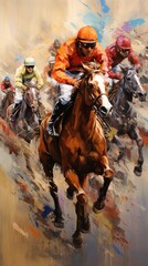 Photo watercolor sports art horse racing suitable for wall painting. Generative AI