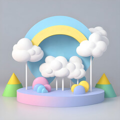 Studio background with realistic podium spotlight. Vector sun and cloud on blue sky. 3d render wether icon on blue sky background. empty space for kids or baby product.