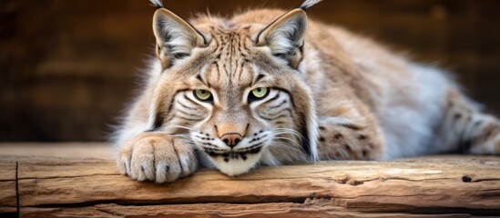 A solitary adult lynx reclining calmly on a wooden surface within a zoo - obrazy, fototapety, plakaty
