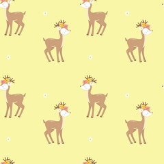 Obraz premium Cute adorable little baby deer. Kids card template or seamless background pattern. Hand drawn cartoon vector illustration