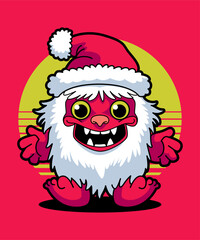 Christmas Monster Wearing Santa Claus Hat 06. Cartoon Illustration Style.