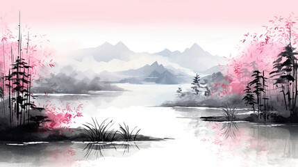 Asian beatiful landscape. Watercolor art style wallpaper background