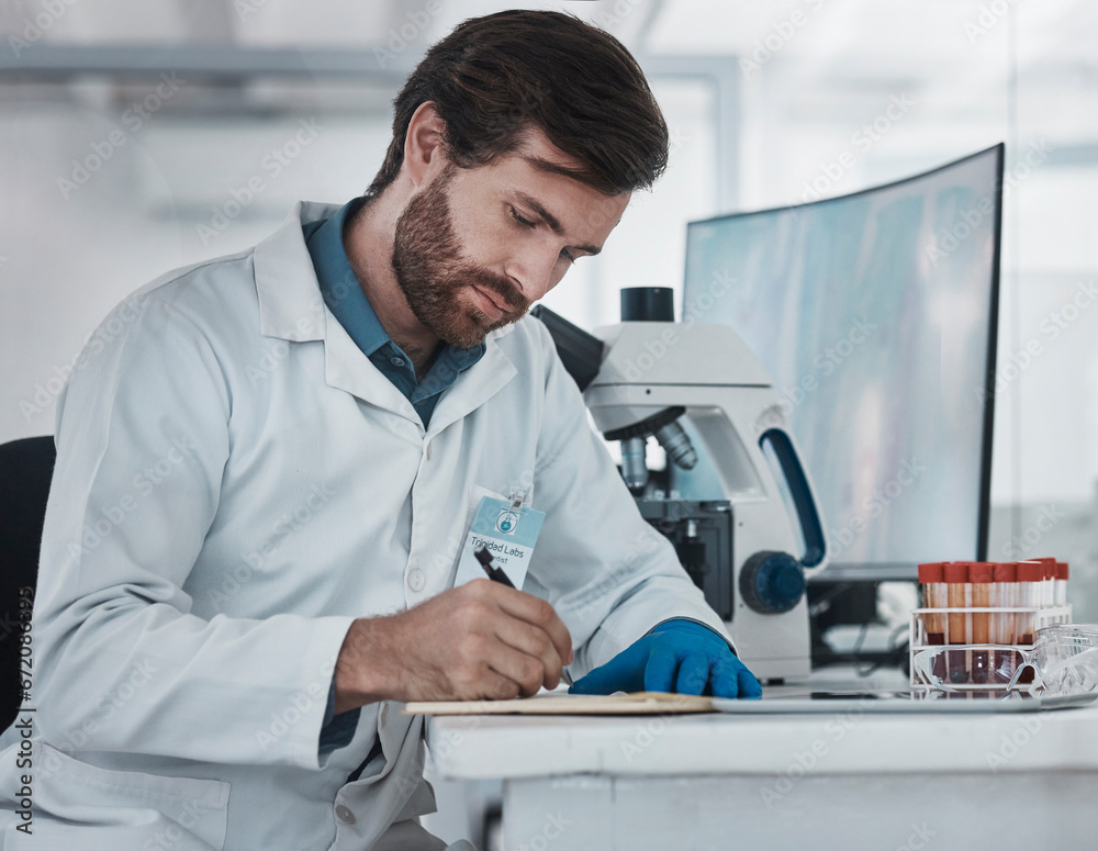 Poster science, man and writing notes in laboratory for research analysis, biotechnology test or review res