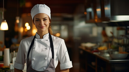 Beautiful woman wearing chef clothes is standing on the kitchen restaurant