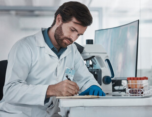 Science, man and writing notes in laboratory for research analysis, biotechnology test or review results. Data report, scientist and paperwork planning of solution, investigation and innovation ideas