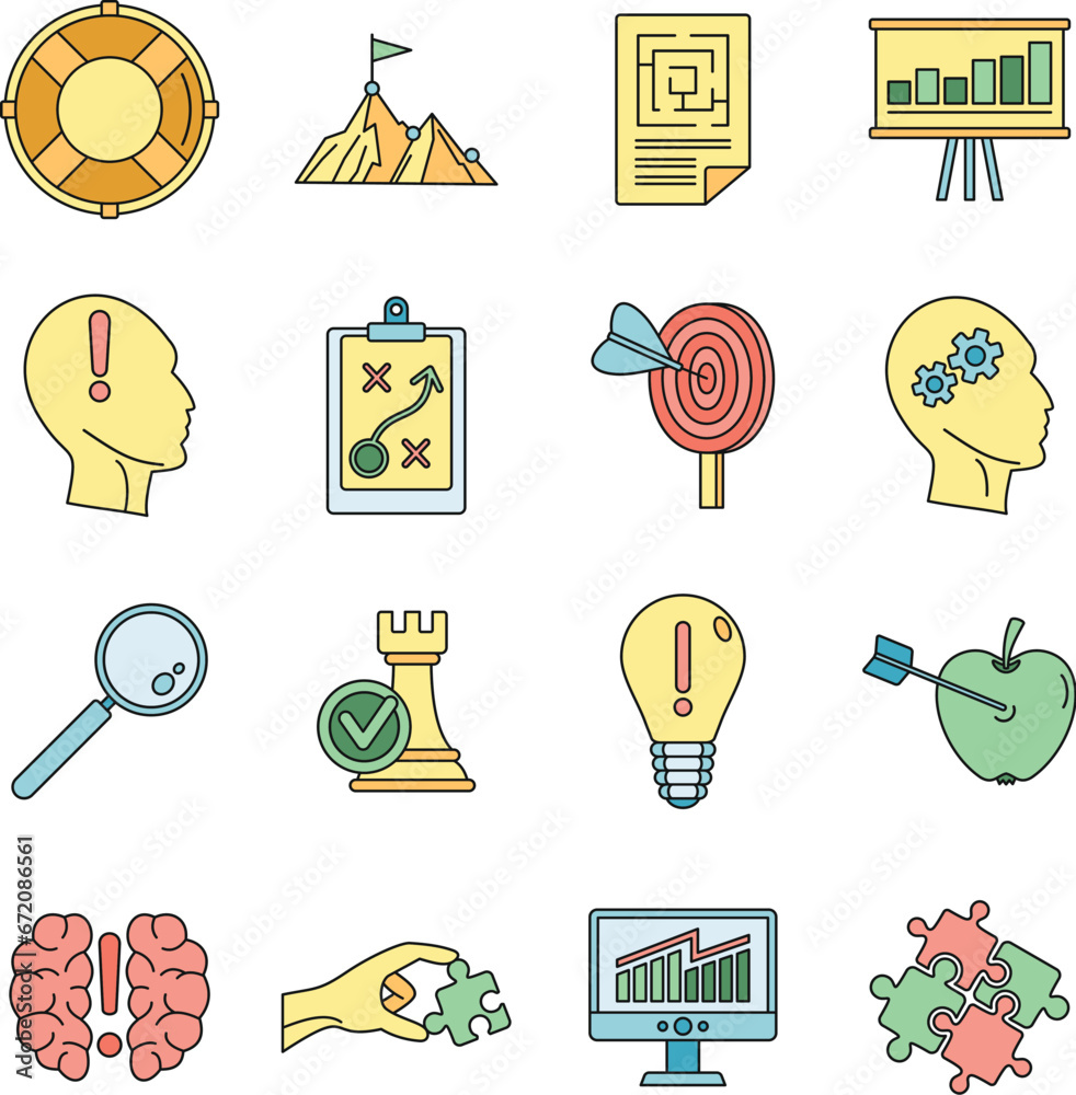 Poster problem solution icon set. outline set of problem solution vector icons thin line color flat on whit