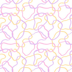 Wavy Seamless cute squiggle Pattern. Seamless print of purple yellow abstract squiggles print, scribble spiral and wavy lines. Pastel Chaotic ink brush scribbles. Vector illustration