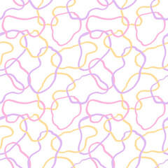 Wavy Seamless cute squiggle Pattern. Seamless print of purple yellow abstract squiggles print, scribble spiral and wavy lines. Pastel Chaotic ink brush scribbles. Vector illustration