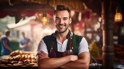 Beautiful German man in traditional clothes is standing with arms crossed. At Oktoberfest - obrazy, fototapety, plakaty