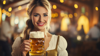 Beautiful German Oktoberfest waitress in white clothes is holding beer in hand - obrazy, fototapety, plakaty